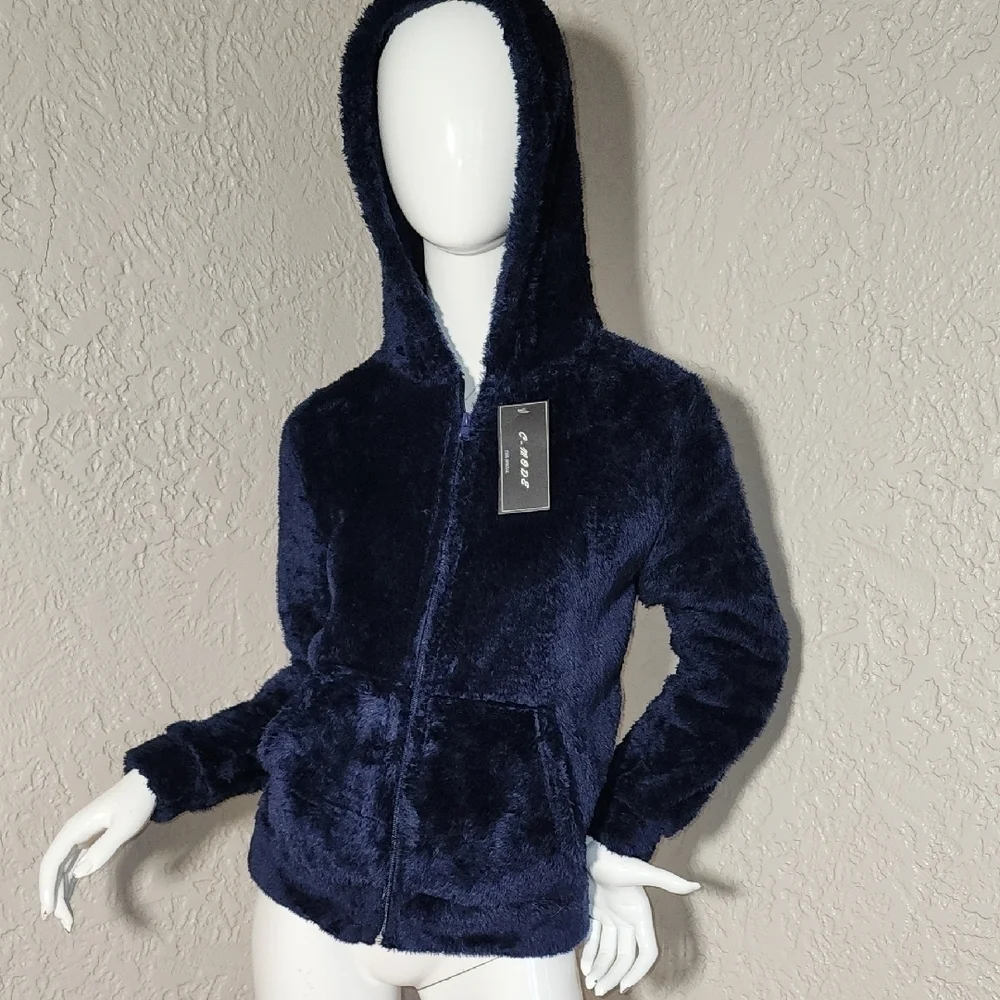 Blue Teddy Jacket with Hood and Zipper